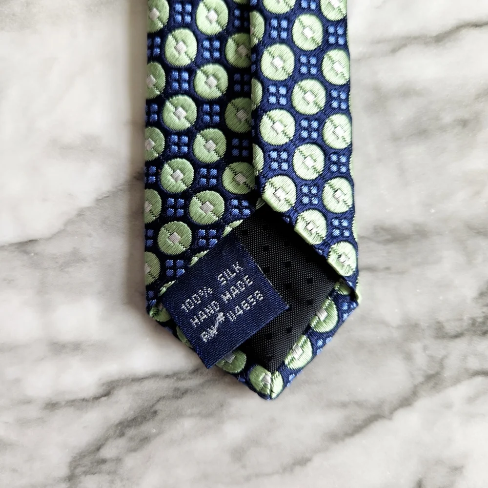 100% Silk Hand Made Mens Necktie, Green & Blue Pattern